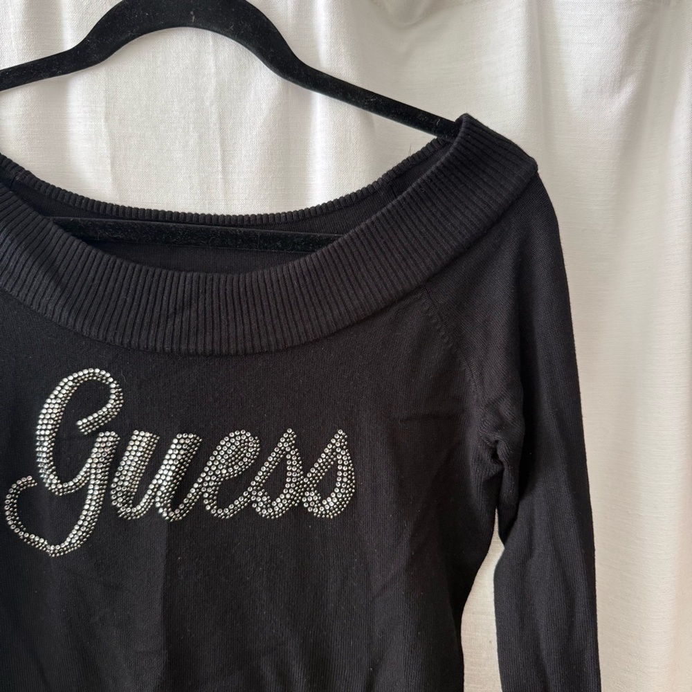 GUESS Black Off-the-Shoulder Rhinestone Logo Sweatshirt